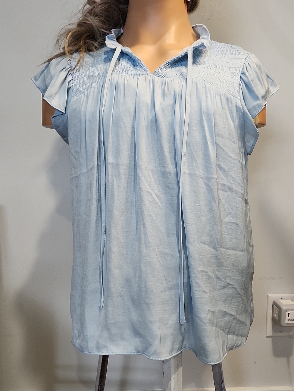 Light Blue Smocked Yoke Women's Blouse - Unbranded
